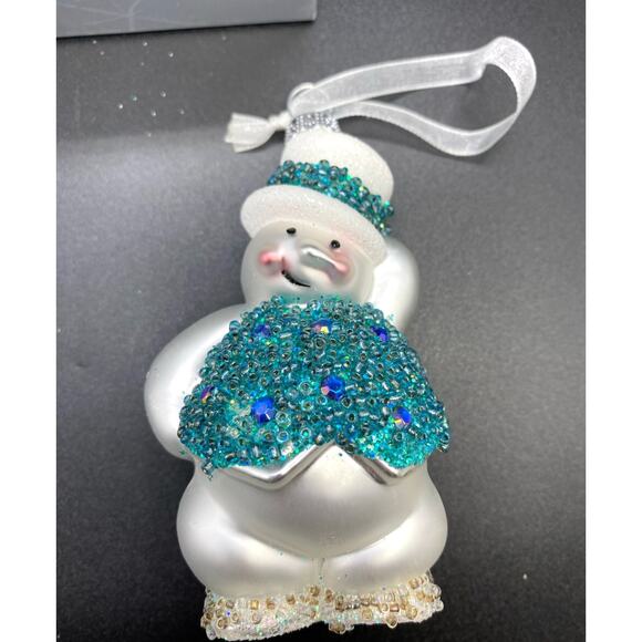Blown‎ Glass Snowman Green Beaded Vest Christmas Ornament - Picture 2 of 5